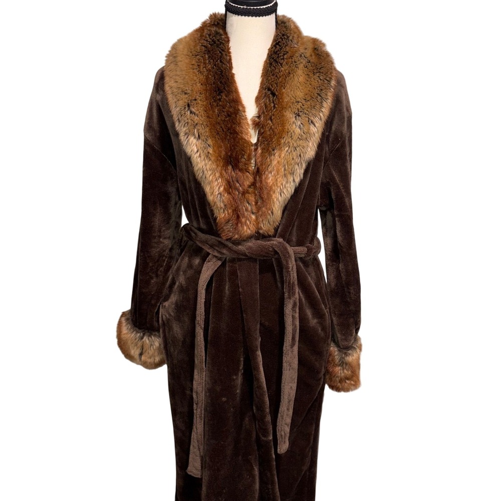 Vintage Faux Fur Trim Adrienne Landau Plush Robe Womens One Size Brown